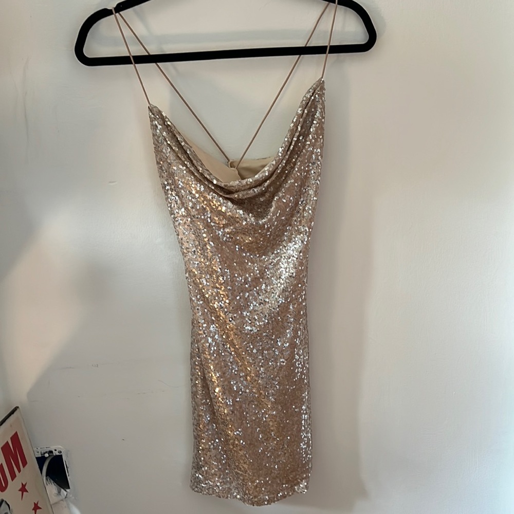 A rose gold sparkly mini dress. Size small. From Windsor.